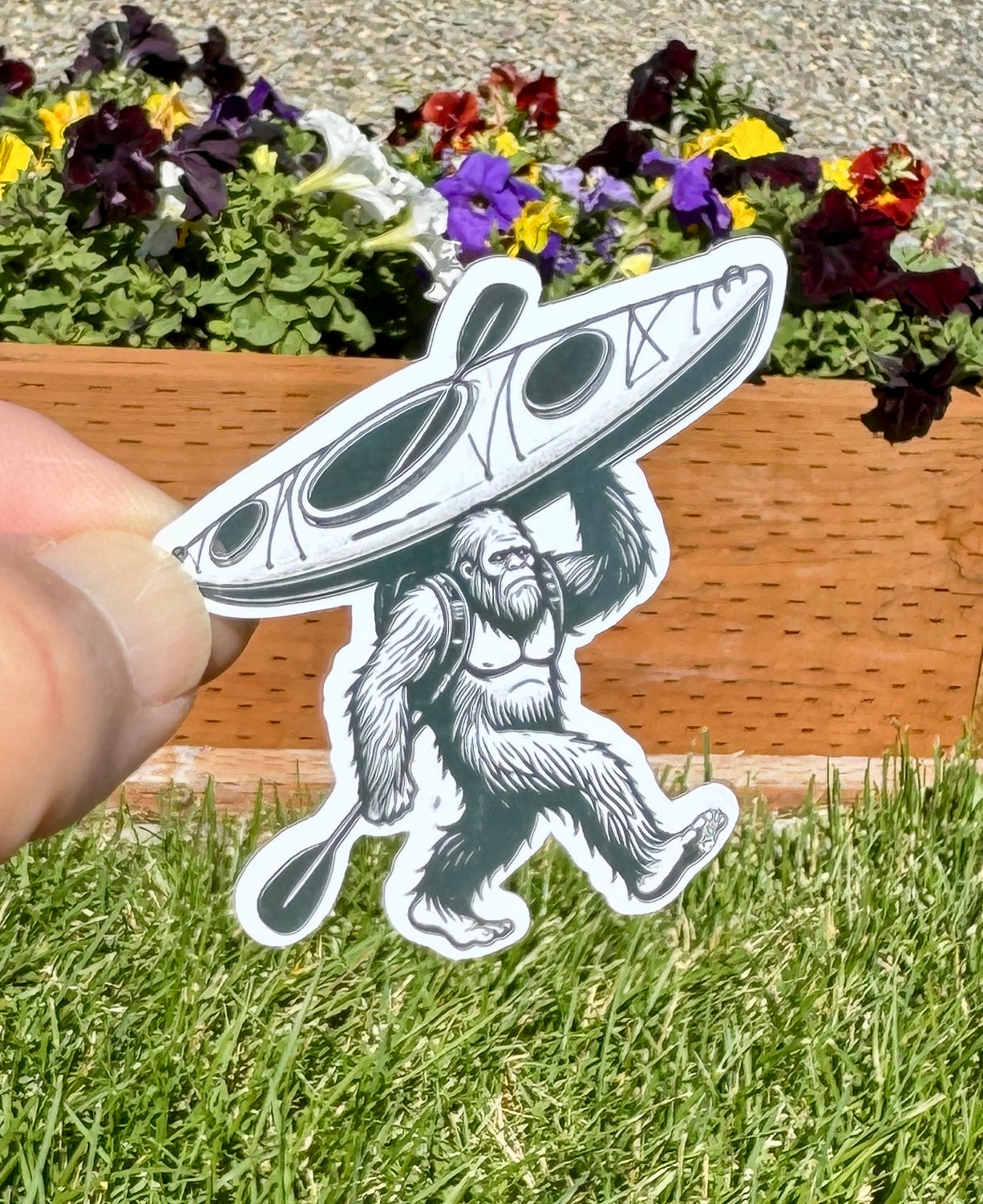 Bigfoot carrying a kayaking Sticker, Bigfoot, kayak, Bigfoot kayak, river, Sticker, Decal, rapids, Bigfoot Sticker,Furry,Sasquatch, kayaking