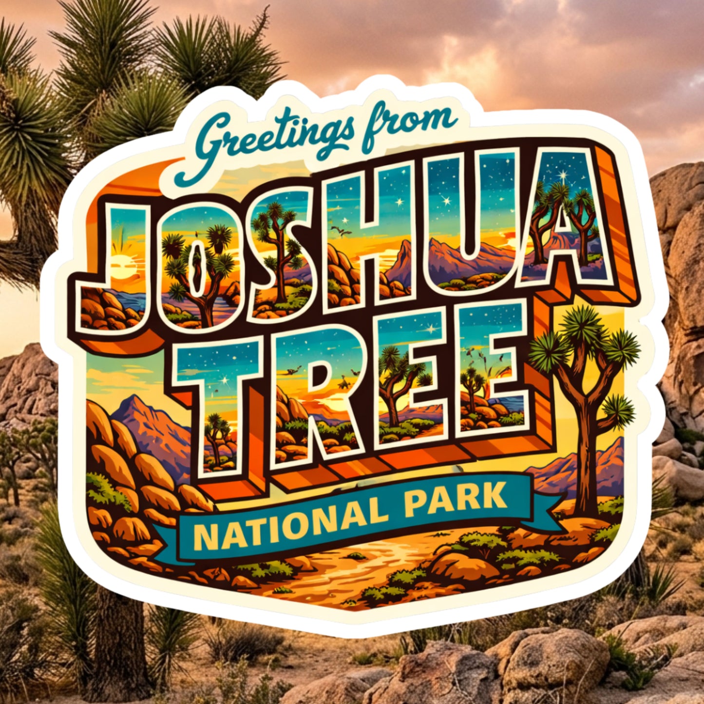 Joshua Tree National Park Stickers – Retro Souvenir Style | Desert Sunset Travel Decal | National Park Gift