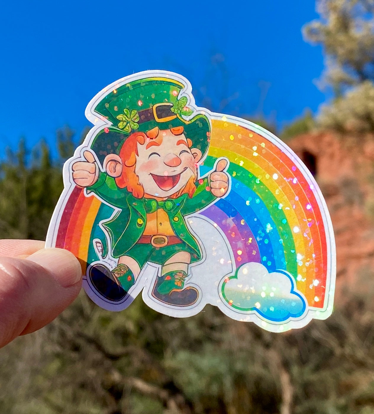 Holographic Happy Leprechaun and Rainbow Sticker, Rainbow, Leprechaun, Lucky, Irish, Lucky Charm, Cheerful, Green, Sticker, St Patrick's Day