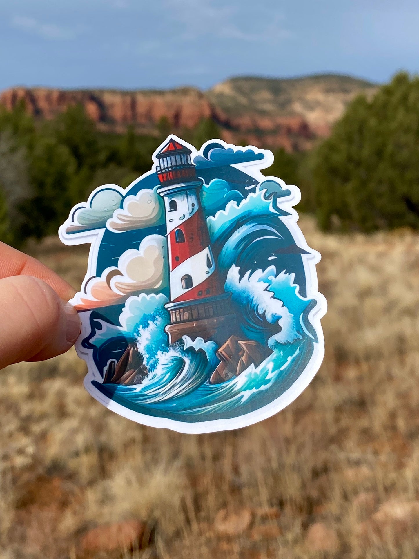 Cartoon style Red and White Lighthouse Sticker, lighthouse lover, lighthouse sticker, nautical sticker, waves, beach, fun sticker, seashore