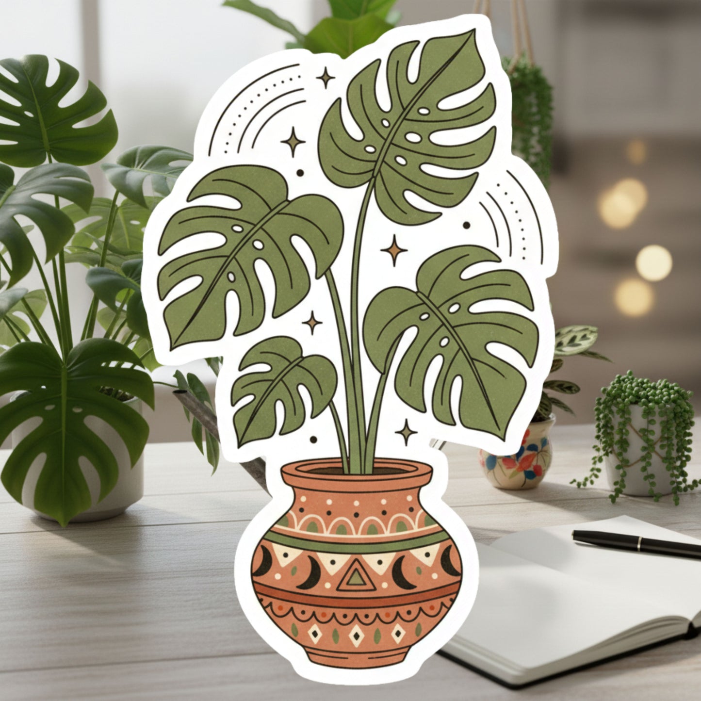 Boho Monstera Plant Sticker | Celestial Plant Mom Gift | Potted Plant Stationery