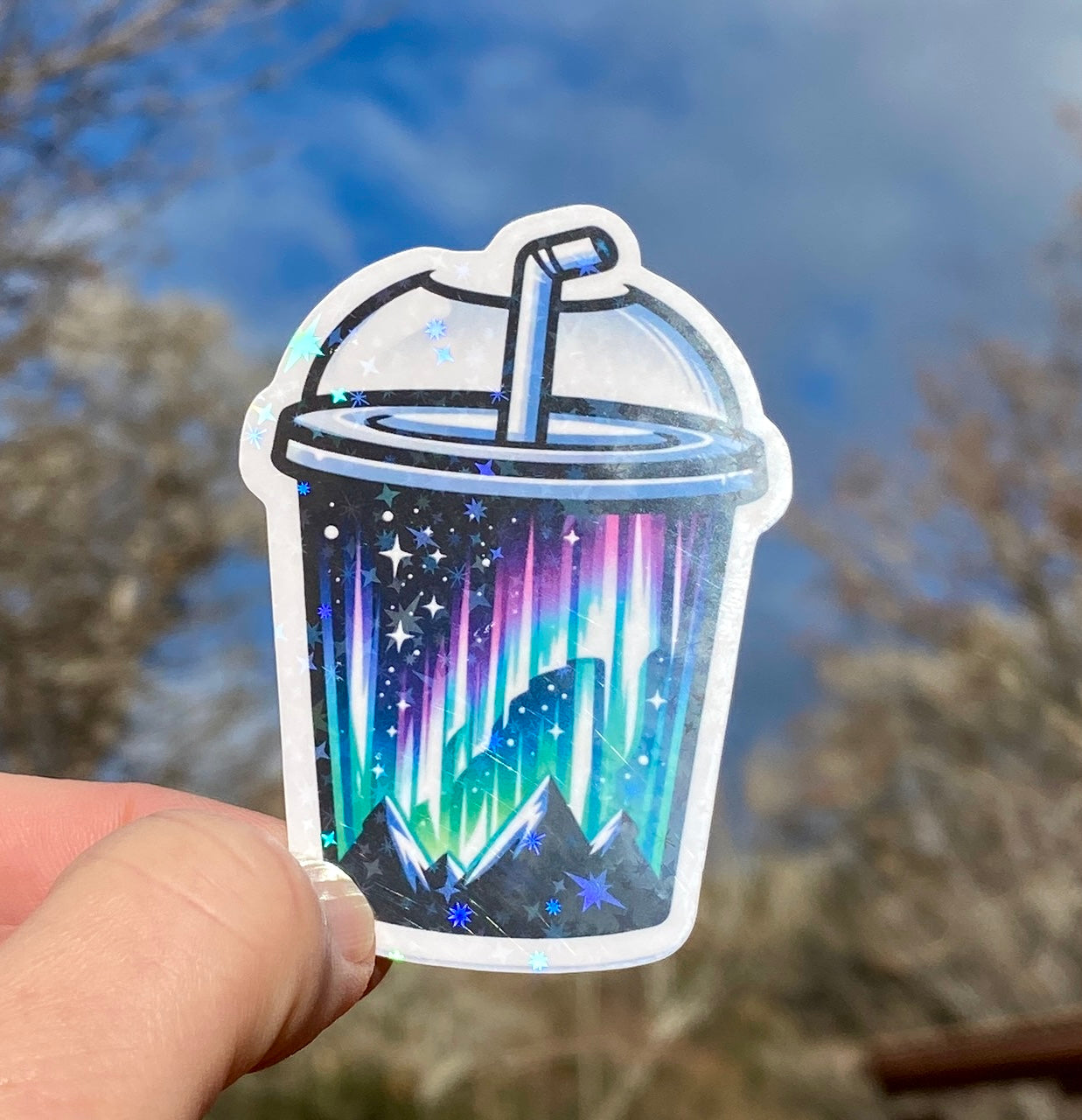 Holographic Northern Lights Sticker, Aurora borealis, Space, sparkle, starry, Holographic sticker, stars, galaxy, Northern Lights, Night sky