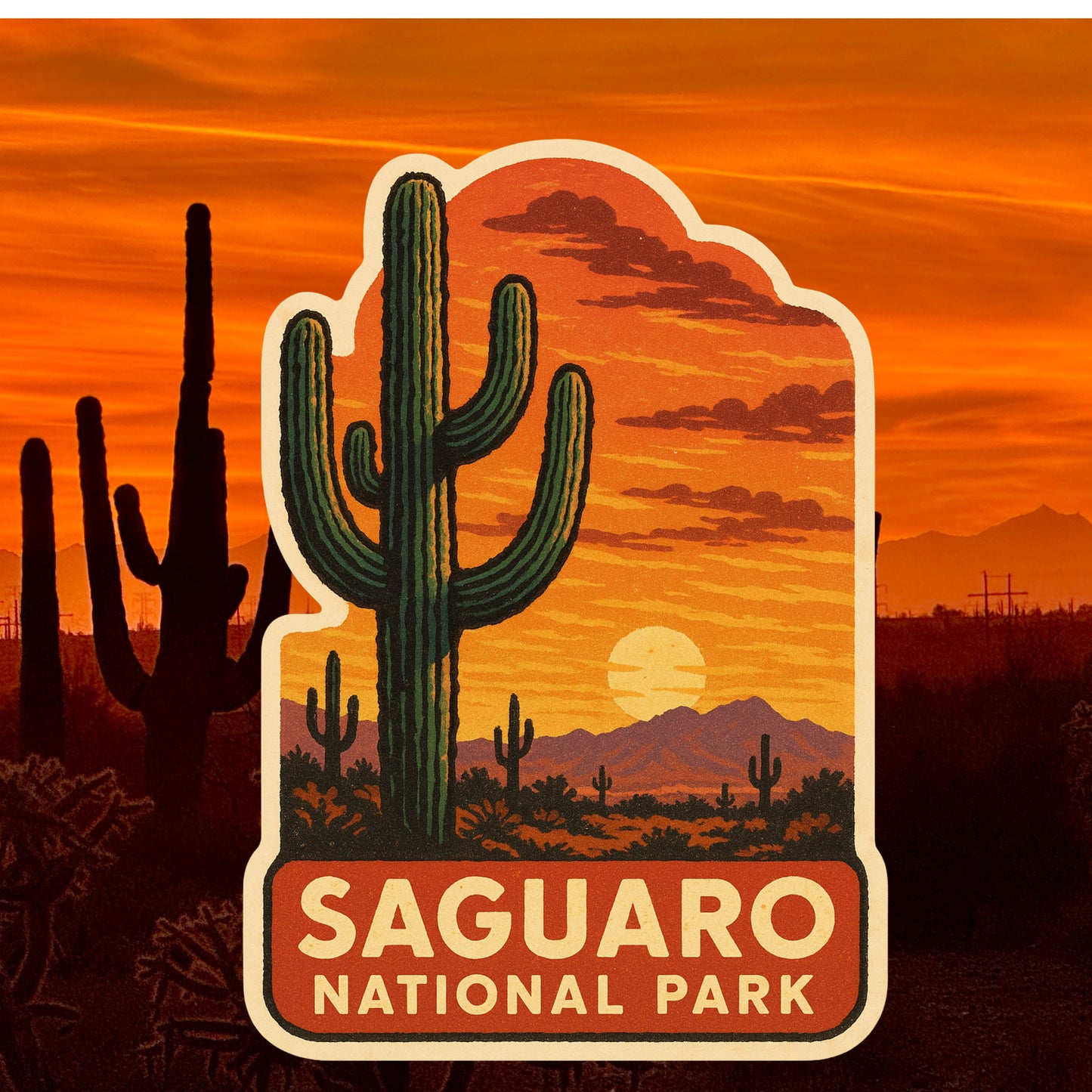 Saguaro National Park Sticker, Arizona, Landscape, National Parks, Hiking, travel, Saguaro, cactus, southwest, sticker,desert sticker,sunset