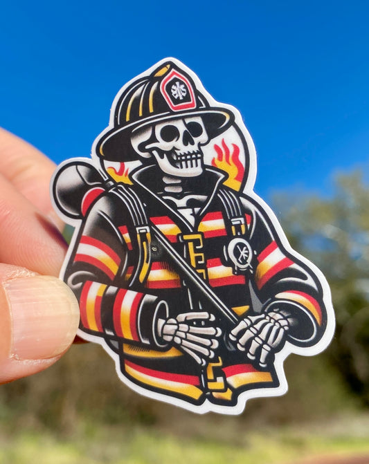 American Traditional Style Skeleton Firefighter Sticker, firefighter, bunker gear, fireman, hero, firehouse, sticker, fire, flames, skeleton