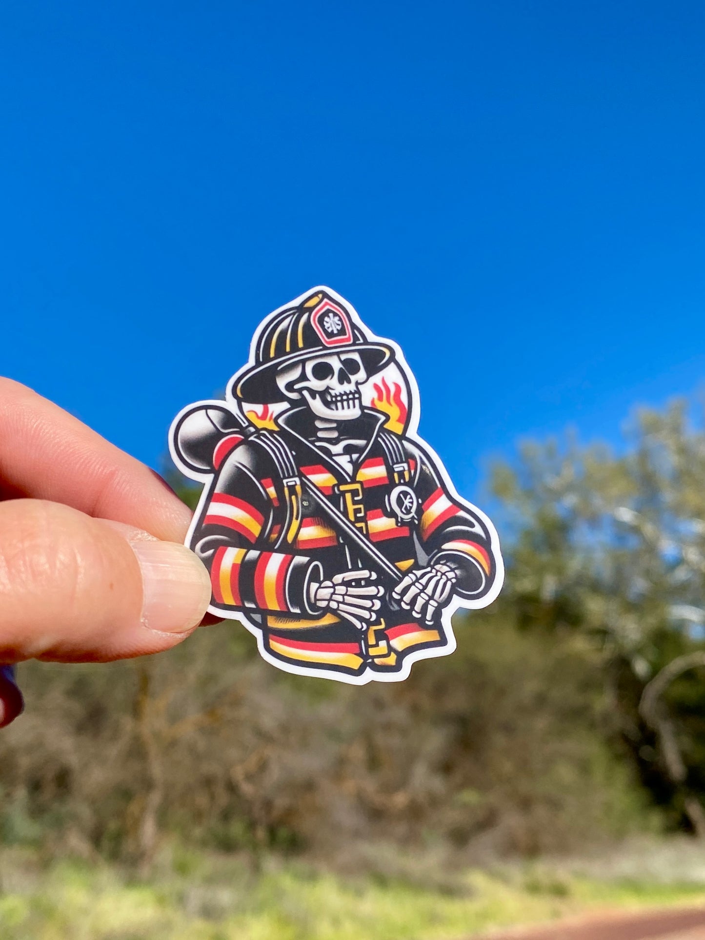 American Traditional Style Skeleton Firefighter Sticker, firefighter, bunker gear, fireman, hero, firehouse, sticker, fire, flames, skeleton