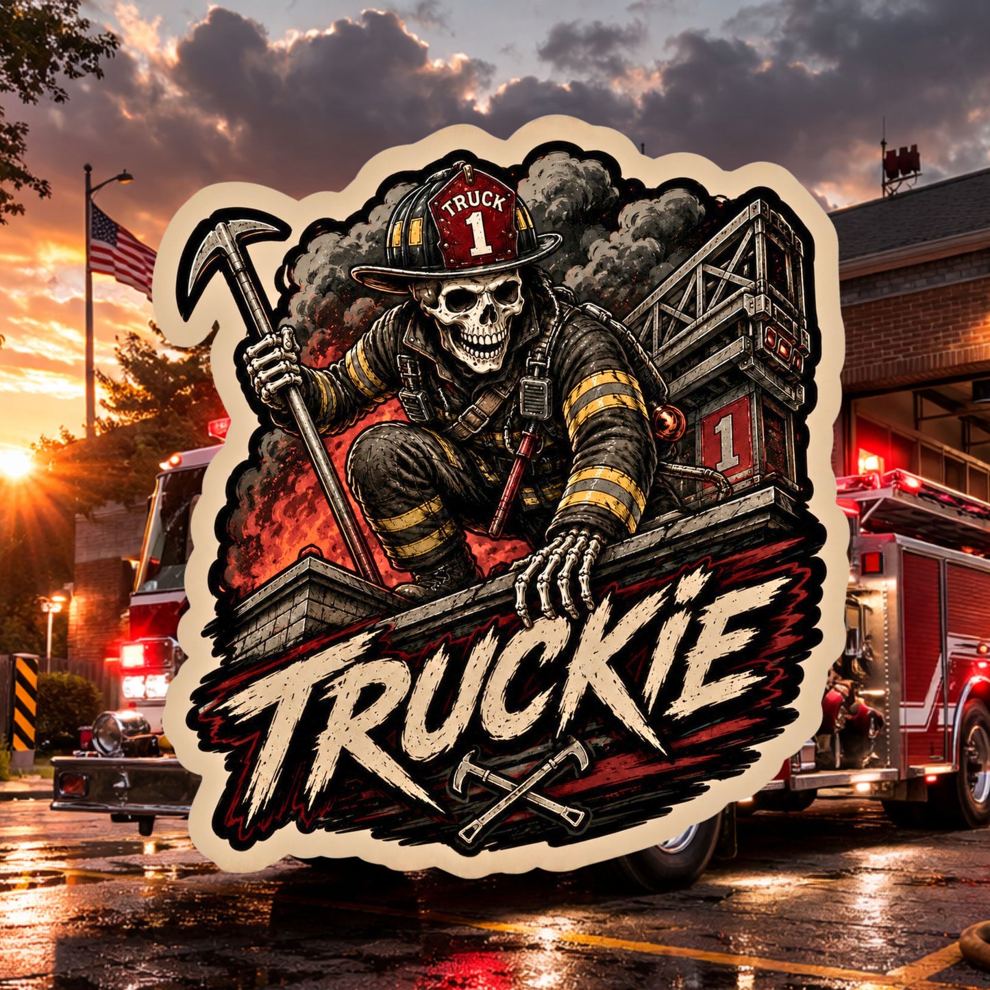 Truckie Skeleton Firefighter Sticker – Ladder Company Firefighter Decals