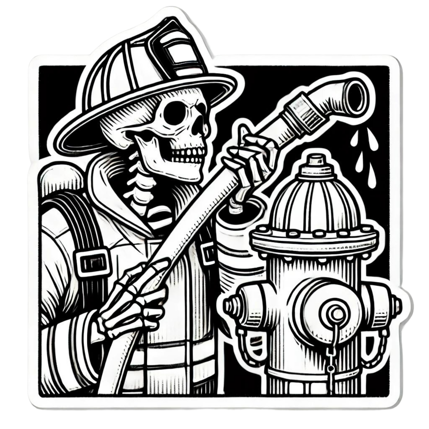 Skeleton Firefighter with hose and fire hydrant Sticker, firefighter, bunker gear, fireman, fire department, hero, skeleton, sticker, fire