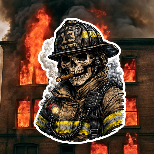 Gritty Skeleton Firefighter with Cigar Sticker | Firefighter Skull Vinyl Decal | Firefighter Gift | Bunker Gear Skeleton