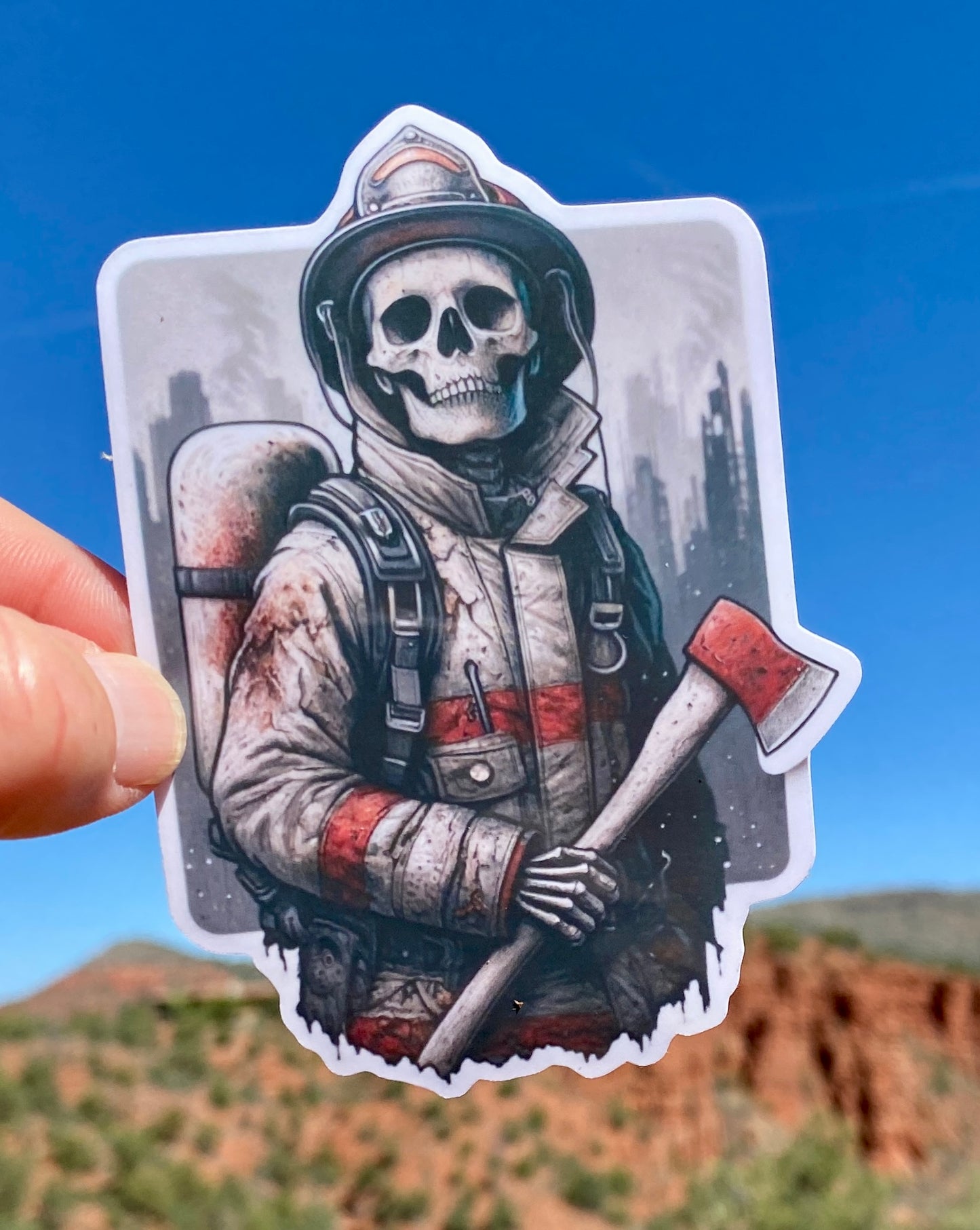 Dystopian Skeleton Firefighter Sticker, firefighter, bunker gear, fireman, hero, post apocalyptic, sticker, Dystopia, skeleton, end of world