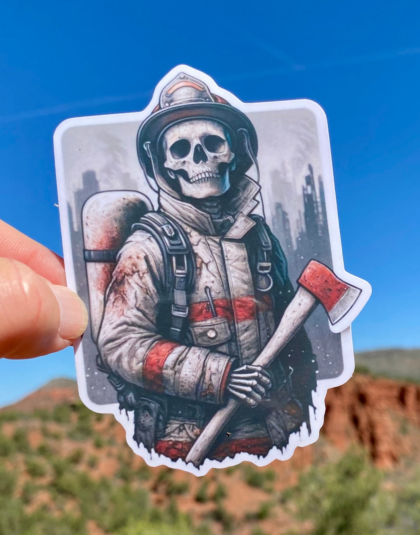 Dystopian Skeleton Firefighter Sticker, firefighter, bunker gear, fireman, hero, post apocalyptic, sticker, Dystopia, skeleton, end of world