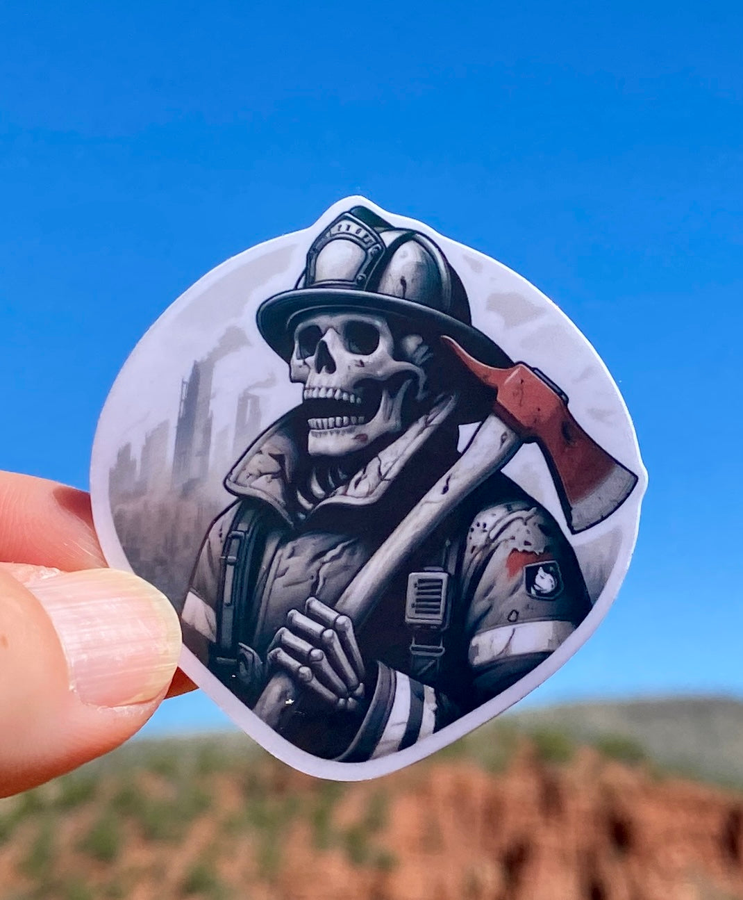 Dystopian Skeleton Firefighter Sticker, firefighter, bunker gear, fireman, hero, post apocalyptic, sticker, Dystopia, skeleton, end of world