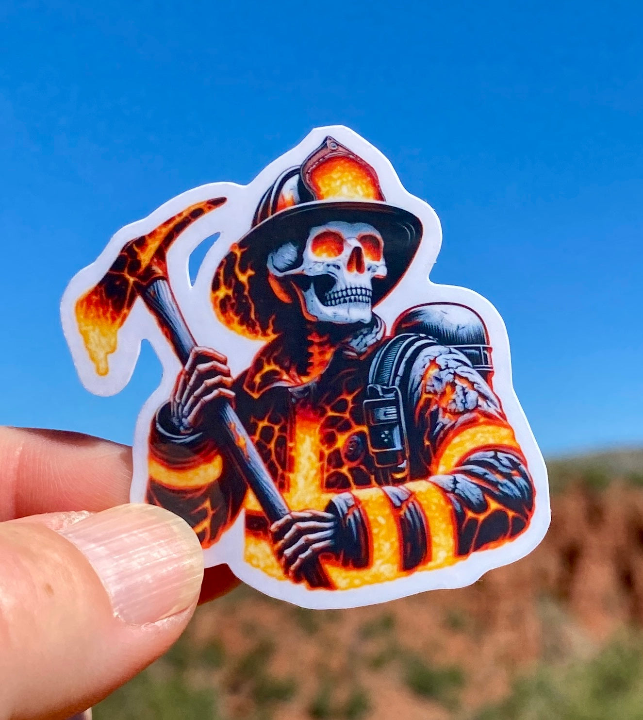 Skeleton Firefighter Lava Sticker, firefighter, bunker gear, fireman, bombero, fire department, hero, sticker, Lava, flames, first responder