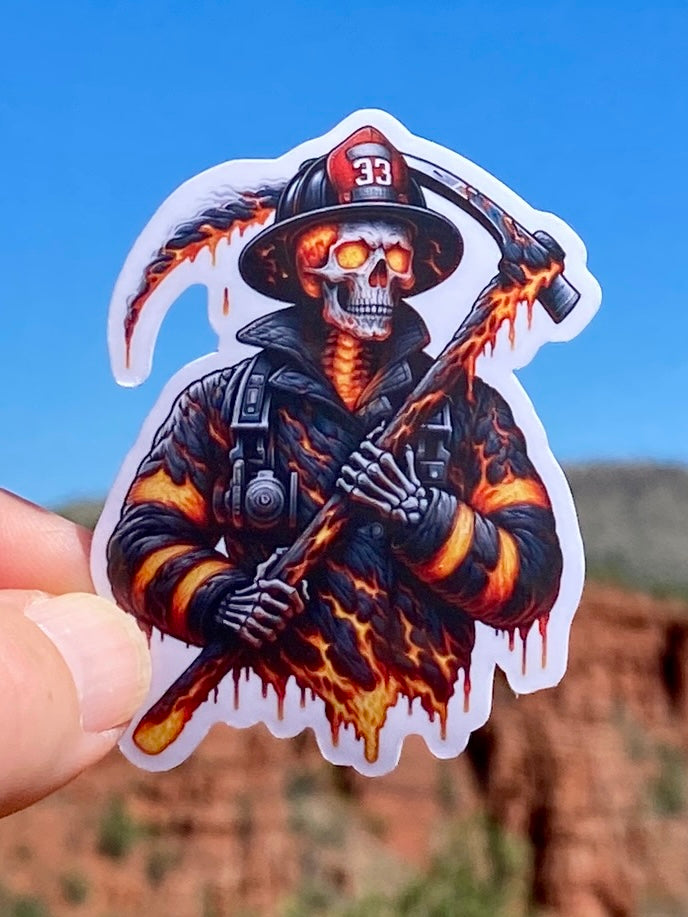 Skeleton Firefighter Lava Sticker, firefighter, bunker gear, fireman, mustache, fire department, hero, sticker, Lava, flames, grim reaper