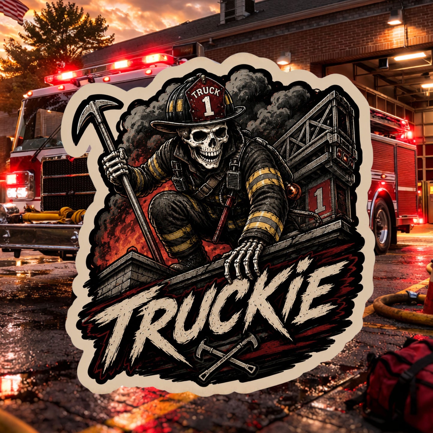 Truckie Skeleton Firefighter Sticker – Ladder Company Firefighter Decals