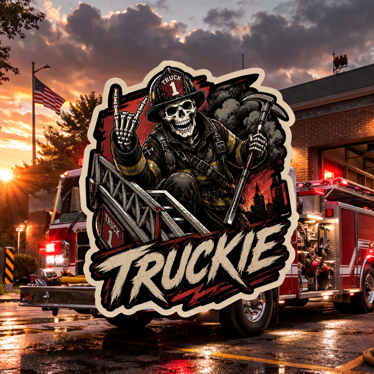 Truckie Skeleton Firefighter Sticker – Ladder Company Firefighter Decals