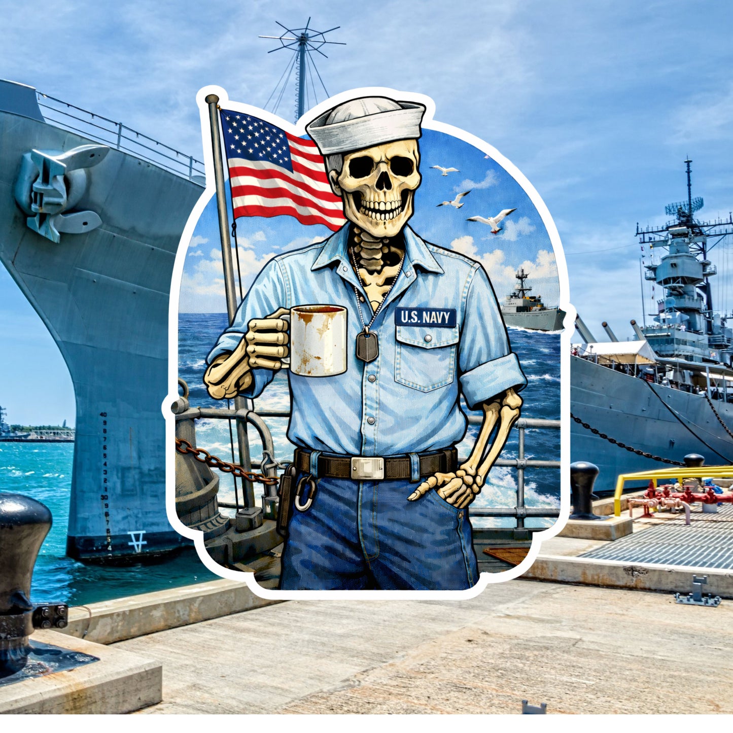 Old Salt Skeleton Navy Sailor Sticker – Vintage U.S. Navy Tribute Decal | Funny Nautical Sticker for Sea Dogs & Deck Veterans