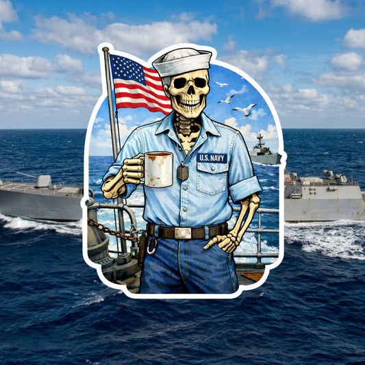 Old Salt Skeleton Navy Sailor Sticker – Vintage U.S. Navy Tribute Decal | Funny Nautical Sticker for Sea Dogs & Deck Veterans