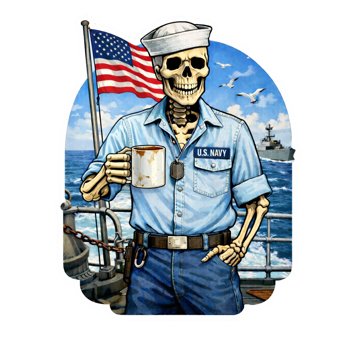 Old Salt Skeleton Navy Sailor Sticker – Vintage U.S. Navy Tribute Decal | Funny Nautical Sticker for Sea Dogs & Deck Veterans