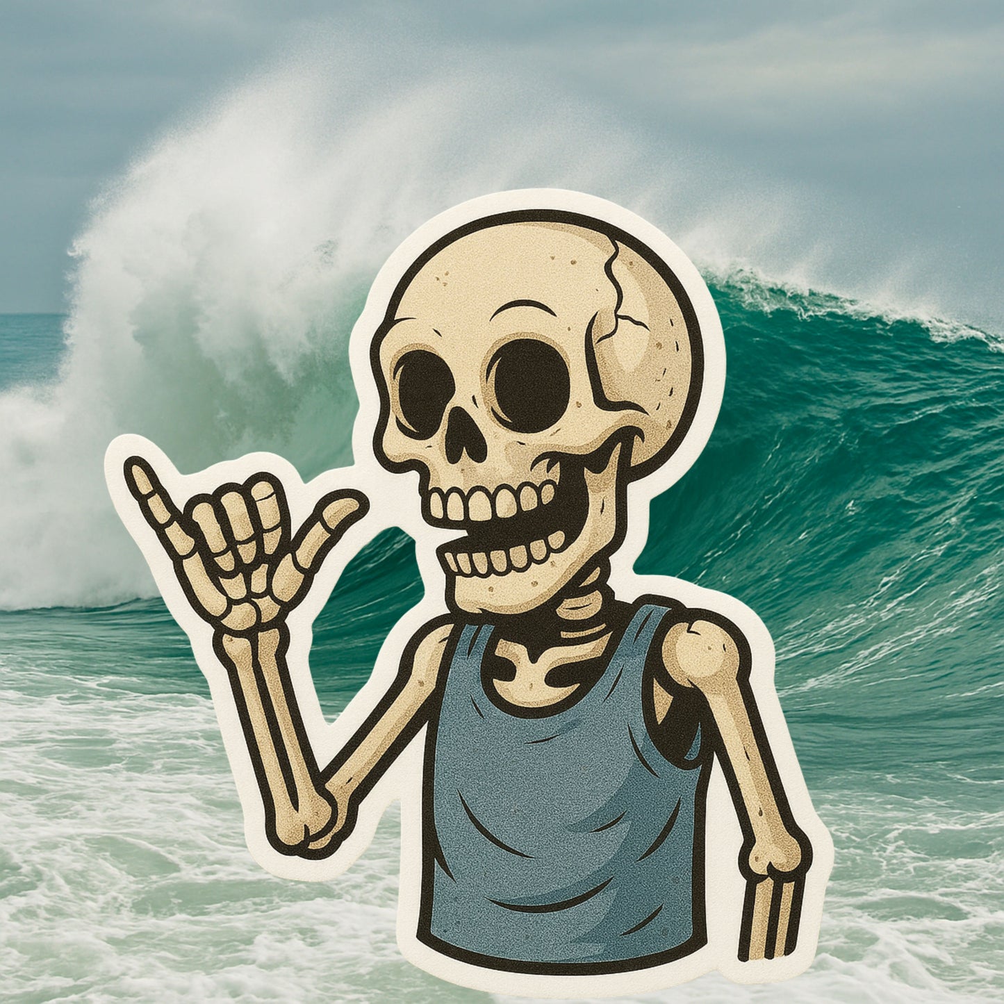 Skeleton doing Shaka gesture Sticker, Skeleton, Shaka, Sticker, island time, spooky, hang loose, surfer, chill vibes, beach life,Hawaii,surf
