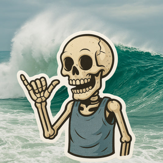 Skeleton doing Shaka gesture Sticker, Skeleton, Shaka, Sticker, island time, spooky, hang loose, surfer, chill vibes, beach life,Hawaii,surf
