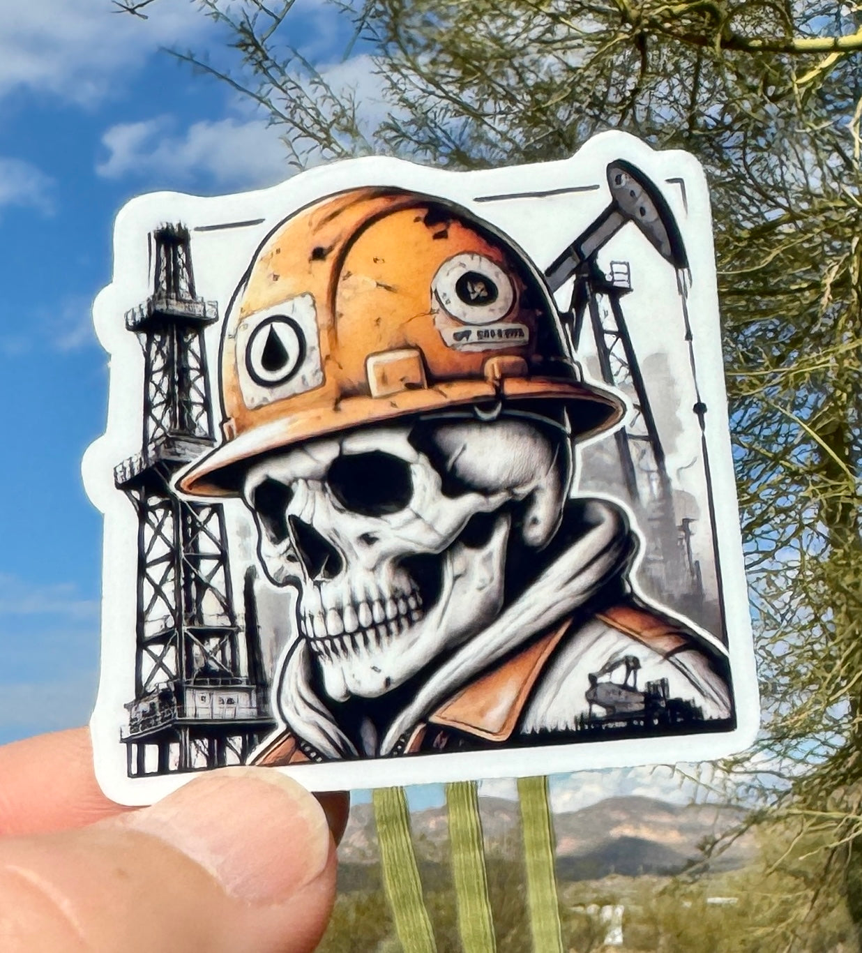 Skull in Hard hat oil field worker Sticker, hard hat, oil rig, skull, sticker, blue collar, tools, oil field, roughneck, construction worker