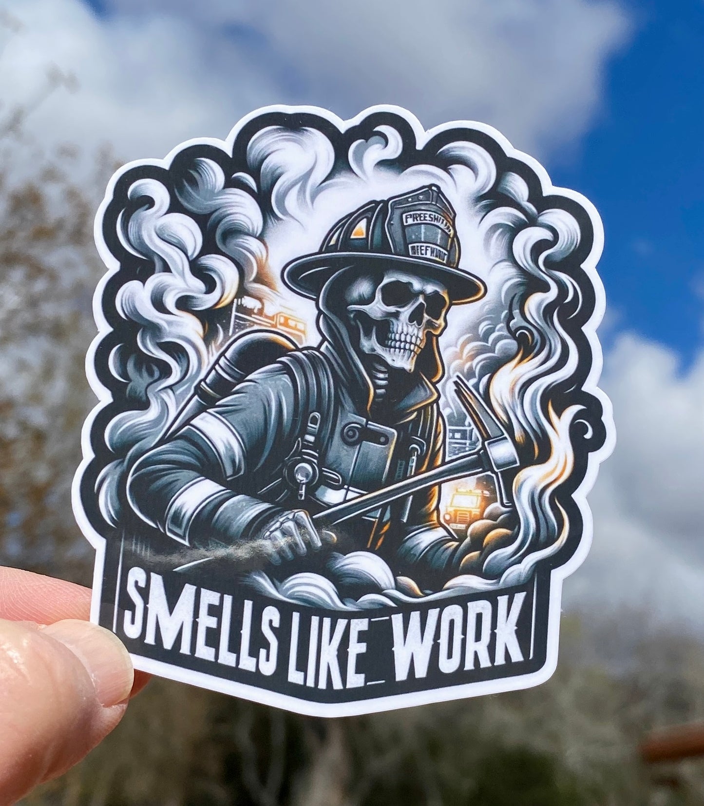 Skeleton Firefighter Smells Like Work Sticker, firefighter, bunker gear, fireman, fire department, smoke, skeleton, sticker, fire, flames