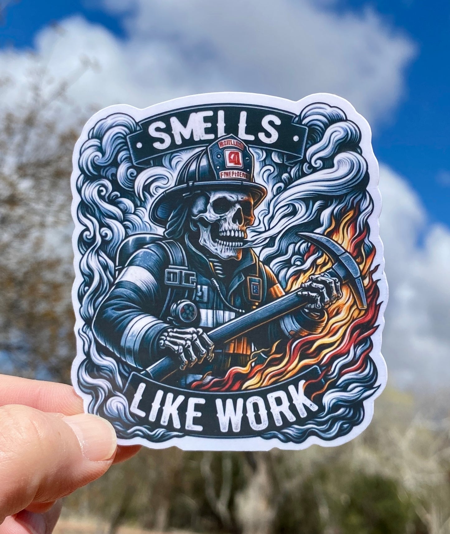 Skeleton Firefighter Smells Like Work Sticker, firefighter, bunker gear, fireman, fire department, smoke, skeleton, sticker, fire, flames