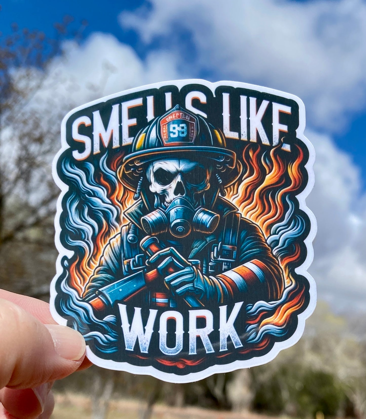 Skeleton Firefighter Smells Like Work Sticker, firefighter, bunker gear, fireman, fire department, smoke, skeleton, sticker, fire, flames