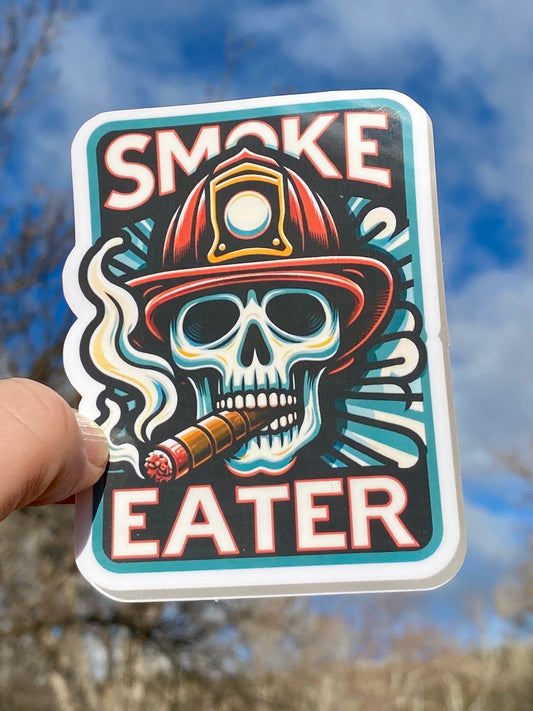 Smoke Eater Firefighter Sticker, firefighter, Fireman Skull, fireman, Skull, smoke eater, fire department, hero, firehouse, sticker, cigar