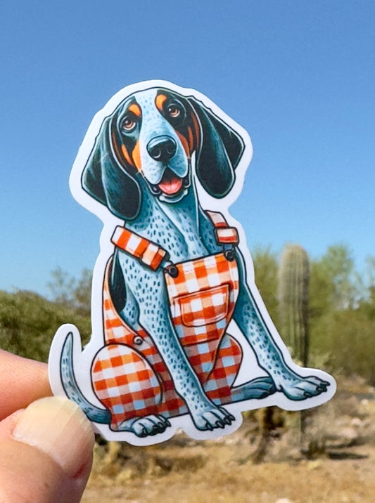 Bluetick Coonhound wearing orange and white checkered overalls Sticker.  UT Vols fan, Big Orange, Tennessee, Vols,Sticker,Tennessee Football