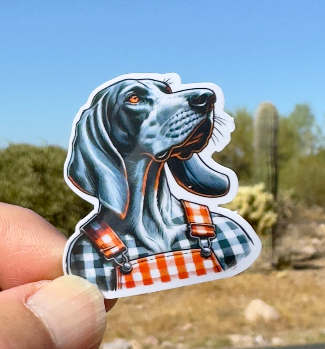 Bluetick Coonhound wearing orange and white checkered overalls Sticker.  UT Vols fan, Big Orange, Tennessee, Vols,Sticker,Tennessee Football