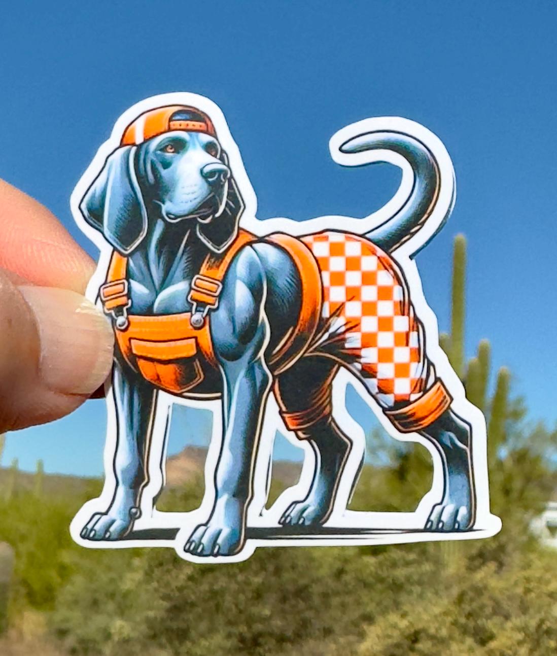 Bluetick Coonhound wearing orange and white checkered overalls Sticker.  UT Vols fan, Big Orange, Tennessee, Vols,Sticker,Tennessee Football