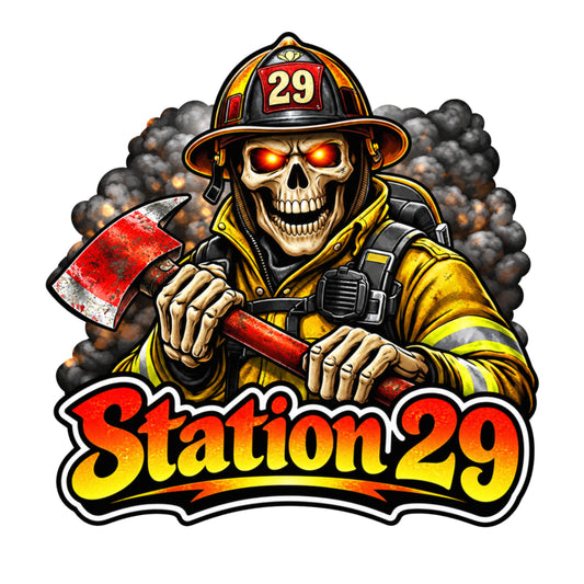 Custom Skeleton Firefighter Station 29 Sticker, firefighter, bunker gear, fireman, custom, first responder, Skeleton Firefighter, firehouse, sticker
