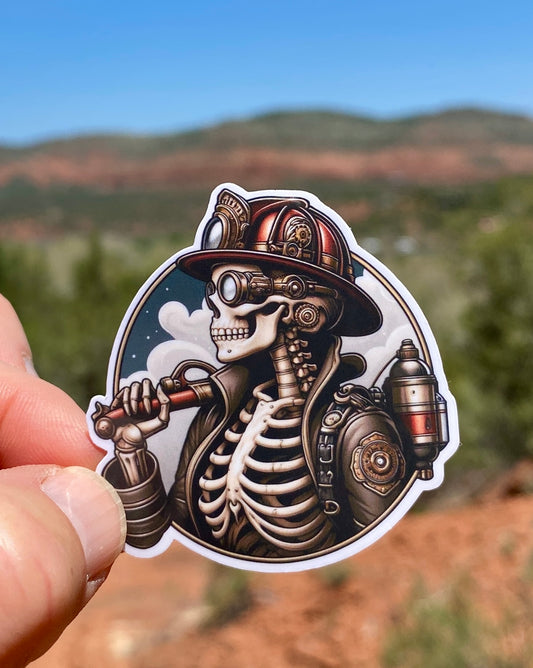 Steampunk Skeleton Female Firefighter Sticker, firefighter, female firefighter, fireman, first responder, fire department, Steampunk,sticker