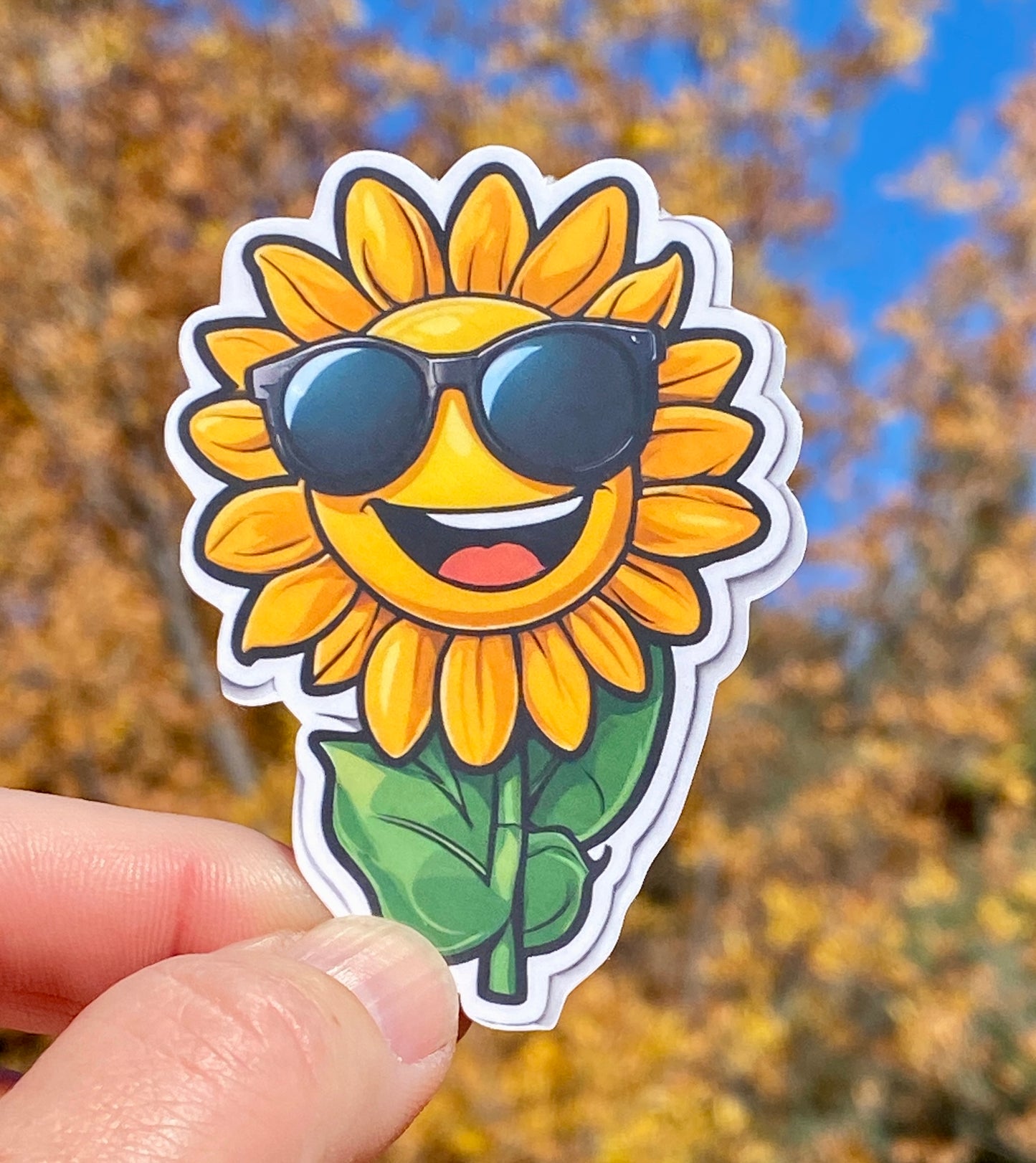 Smiling Sunflower wearing sunglasses Sticker, Decal, Nature, Water Bottle, sunflower, Colorful, Flower, Laptop sticker, Sticker, sunglasses