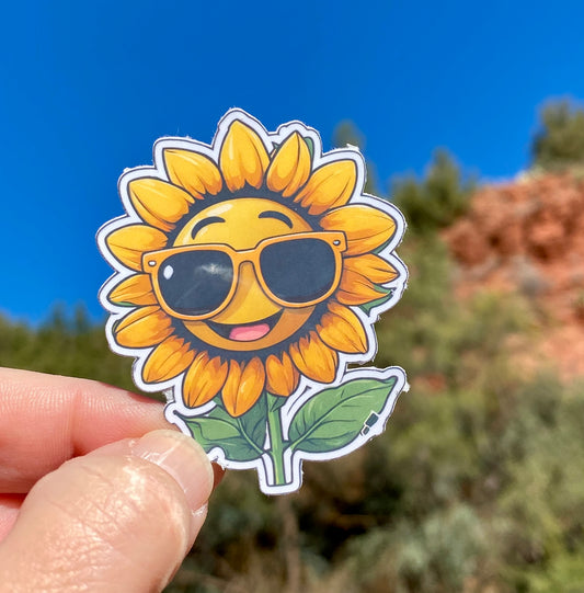 Smiling Sunflower wearing sunglasses Sticker, Decal, Nature, Water Bottle, sunflower, Colorful, Flower, Laptop sticker, Sticker, sunglasses