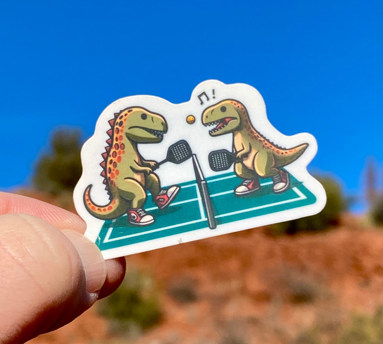 T-Rex Dinosaurs playing pickleball Sticker, sticker, Pickleball, T-Rex, dinosaurs, dinos, cute, pickleball court, Vinyl, games, decal,paddle