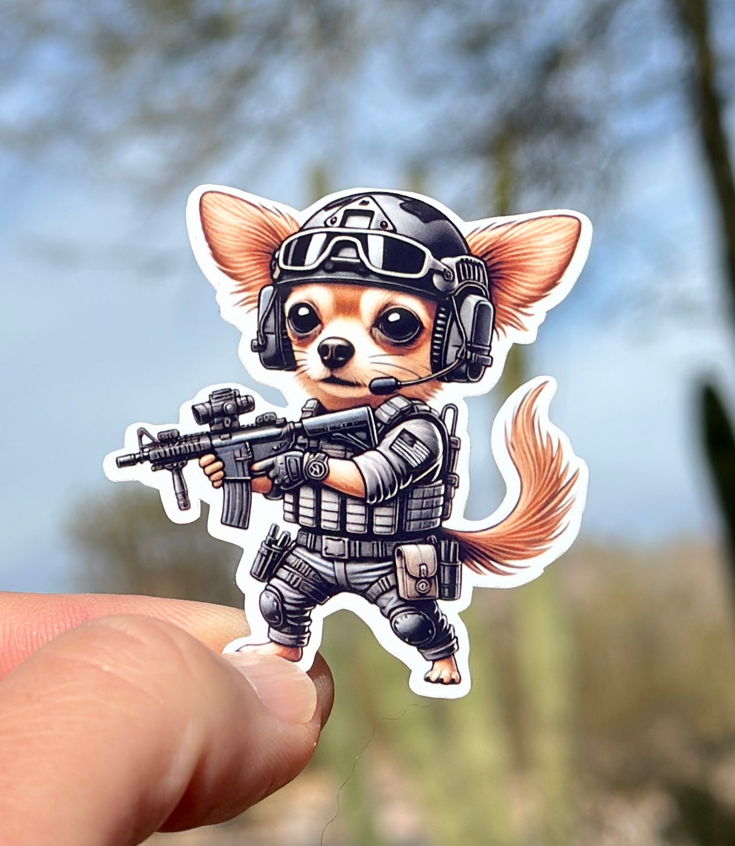 Tactical Chihuahua Sticker, Chihuahua, tactical, operator, Tactical gear, sticker, rifle, military, police, shoot, gear, gun humor,Dog, gun