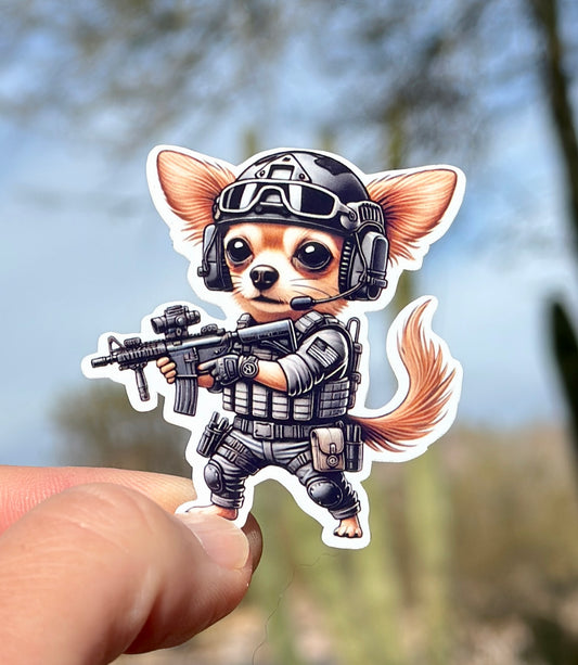 Tactical Chihuahua Sticker, Chihuahua, tactical, operator, Tactical gear, sticker, rifle, military, police, shoot, gear, gun humor,Dog, gun