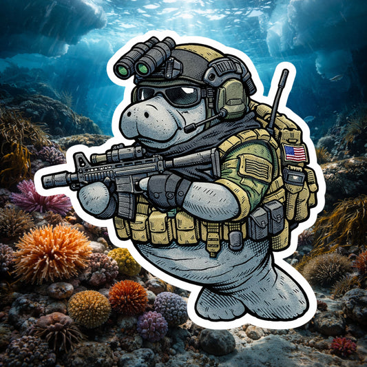 Tactical Manatee Sticker | Funny Military Animal Decal | Die Cut Vinyl Sticker