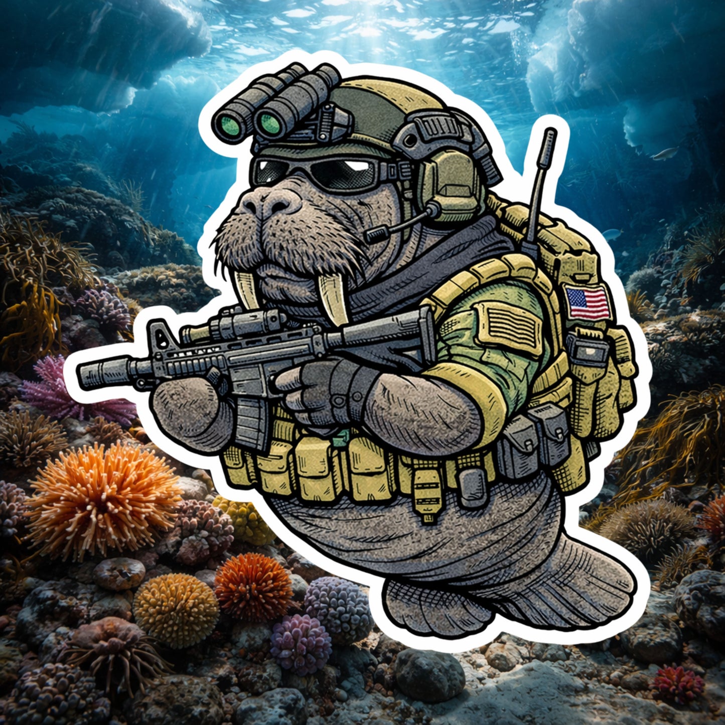 Tactical Walrus Sticker | Funny Military Animal Decal | Die Cut Vinyl Sticker