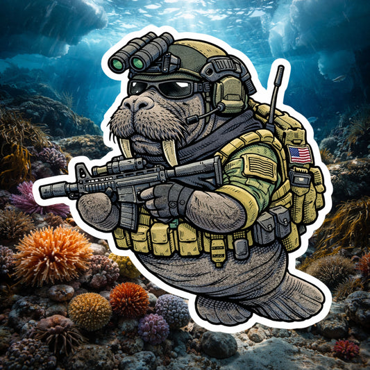 Tactical Walrus Sticker | Funny Military Animal Decal | Die Cut Vinyl Sticker