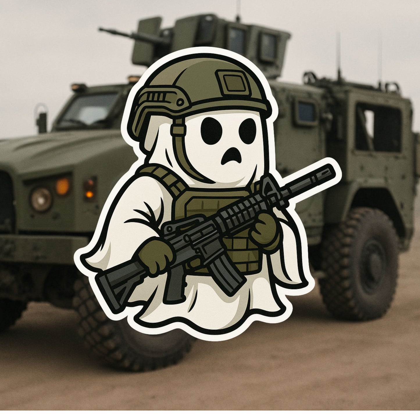 Tactical Ghost Sticker – Spooky Soldier Vinyl Decal | Funny Ghost in Tactical Gear | Halloween, Gamer & Military Humor Sticker | Sticker