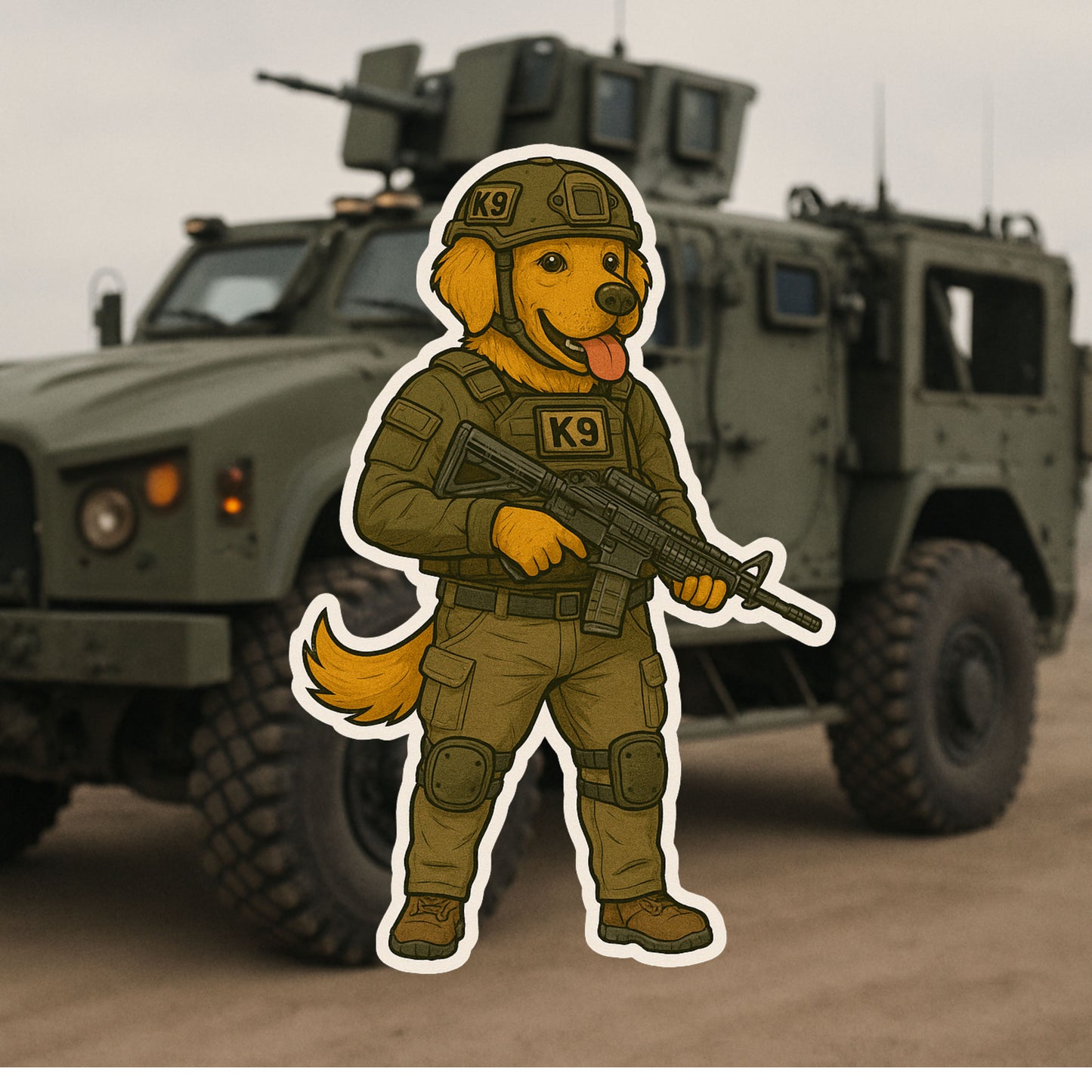 Tactical Golden Retriever Sticker – Funny K9 Soldier Vinyl Decal | Dog Lover & Military Humor Sticker | Cute and Rugged Die Cut Sticker |Fun