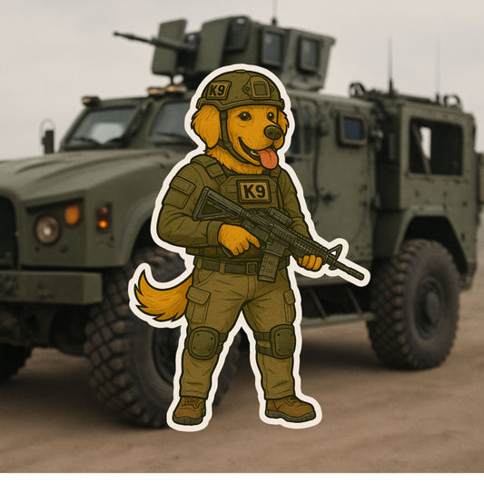Tactical Golden Retriever Sticker – Funny K9 Soldier Vinyl Decal | Dog Lover & Military Humor Sticker | Cute and Rugged Die Cut Sticker |Fun