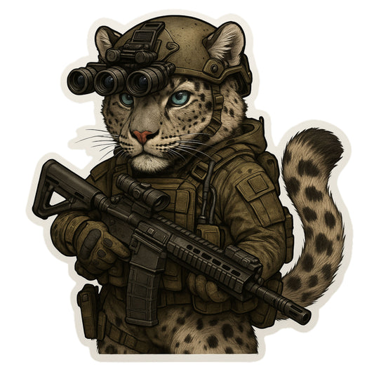 Tactical Snow Leopard Sticker, Cat, tactical, Snow Leopard, operator, Tactical gear, sticker, decal, cat lover, rifle, military, police, big cats