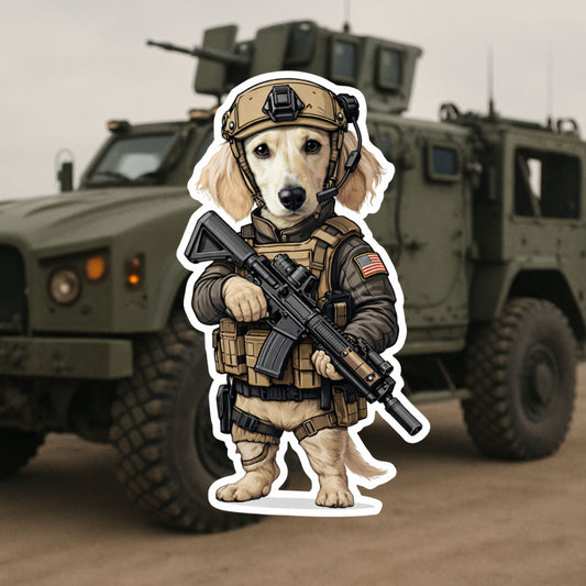 Tactical Dachshund Sticker – Funny K9 Soldier Vinyl Decal | Dog Lover & Military Humor Sticker | Cute and Rugged Die Cut Sticker |Fun