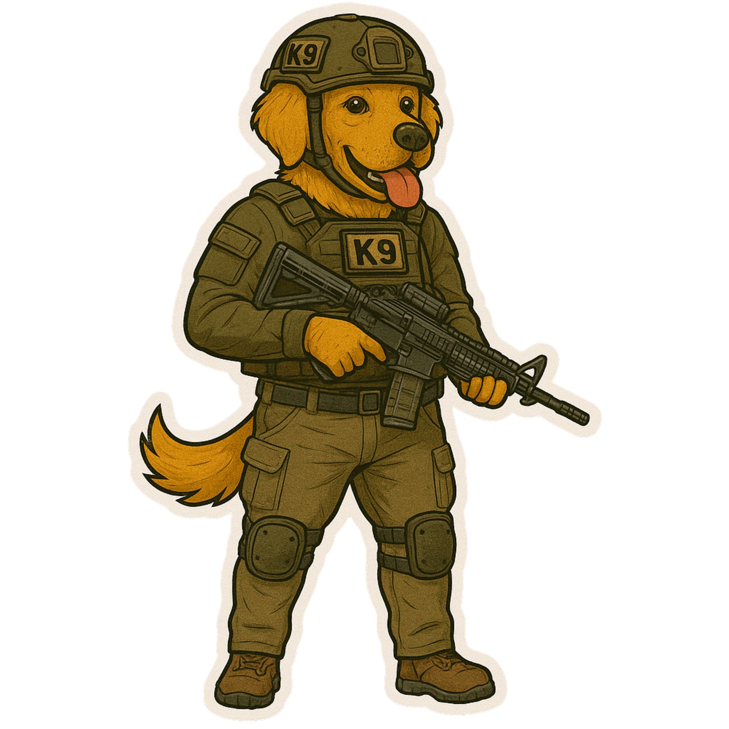 Tactical Golden Retriever Sticker – Funny K9 Soldier Vinyl Decal | Dog Lover & Military Humor Sticker | Cute and Rugged Die Cut Sticker |Fun