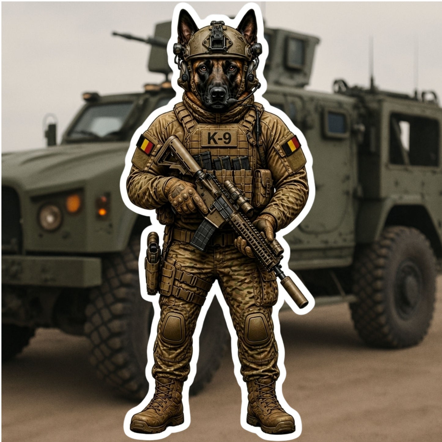 Tactical Belgian Malinois Sticker – Funny K9 Soldier Vinyl Decal | Dog Lover & Military Humor Sticker | Police Dog