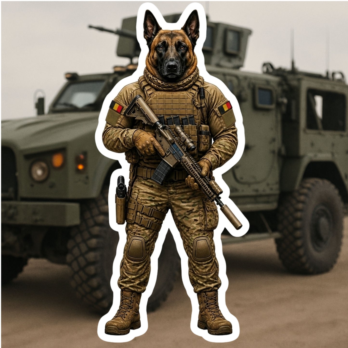 Tactical Belgian Malinois Sticker – Funny K9 Soldier Vinyl Decal | Dog Lover & Military Humor Sticker | Police Dog